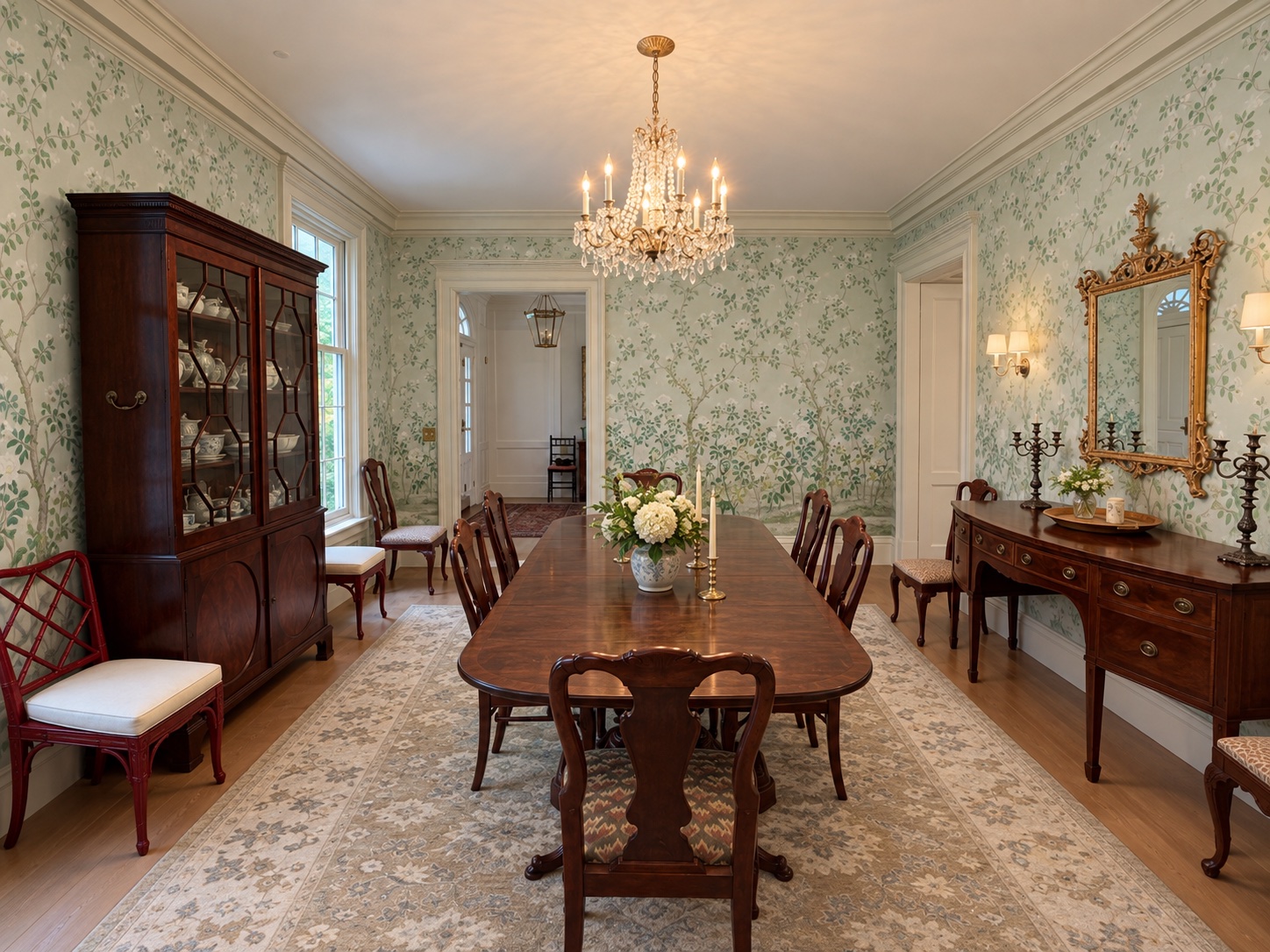A formal dining room with an inherited mahogany table and china cabinet, chinoiserie wallpaper, a crystal chandelier, and a gilt mirror over the sideboard