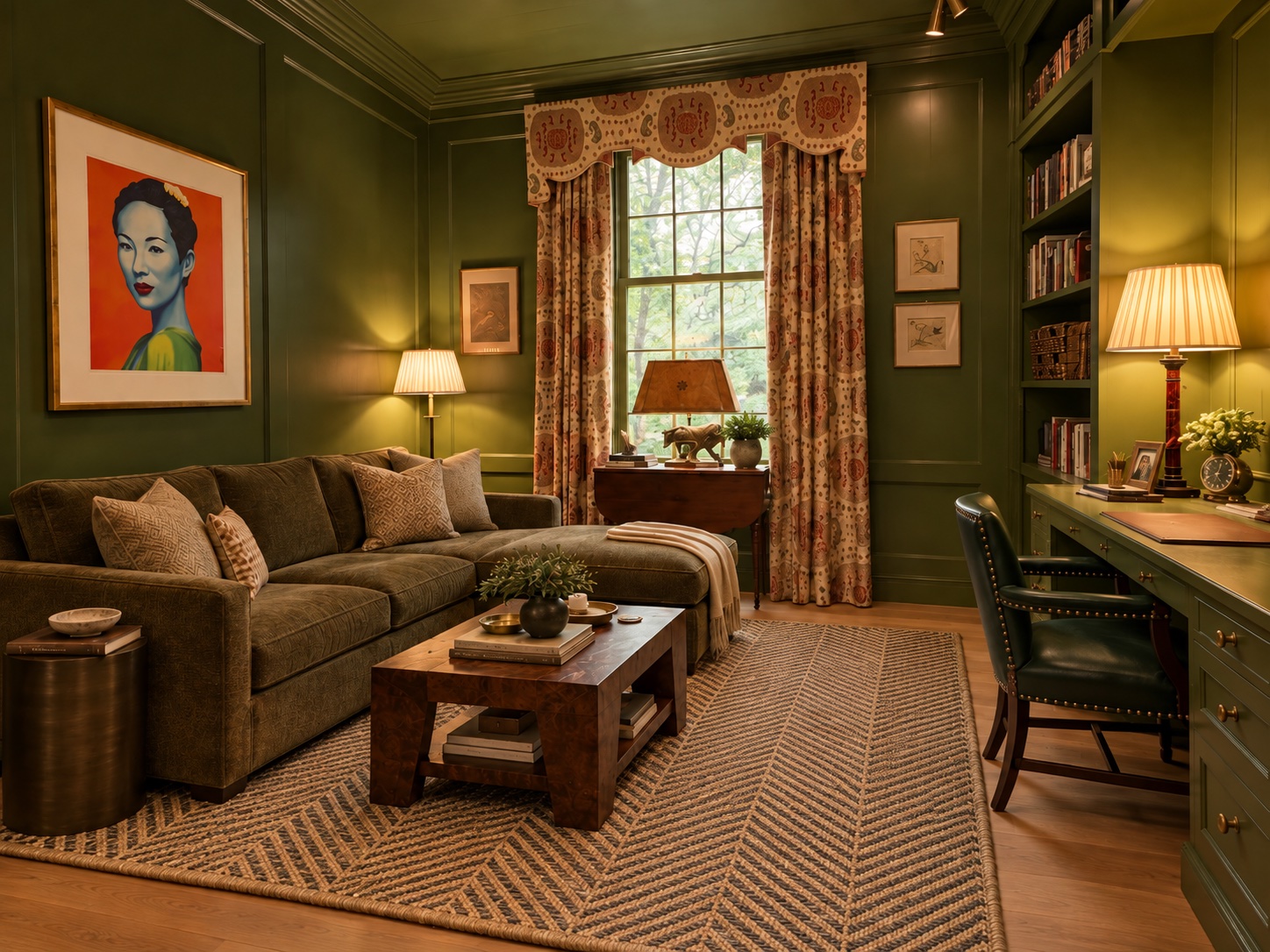 A deep green study with a bold portrait, patterned curtains, a burl coffee table, and a built-in desk