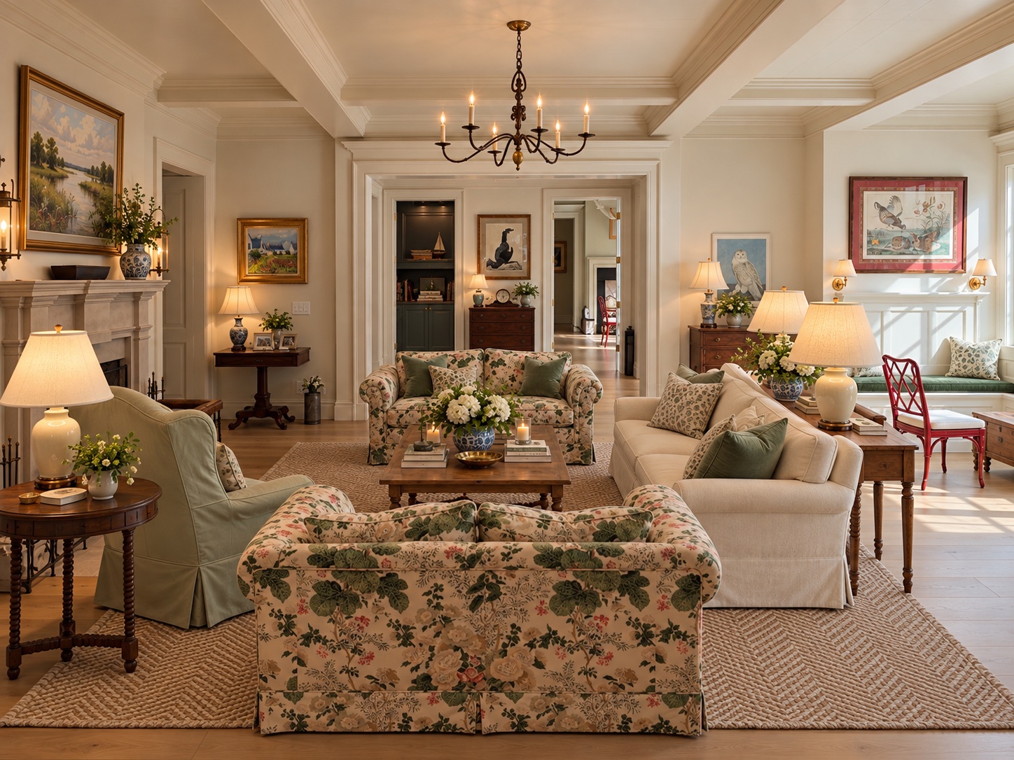 A bright living room with floral chintz sofas, antique side tables, blue-and-white porcelain lamps, and collected artwork around a stone fireplace