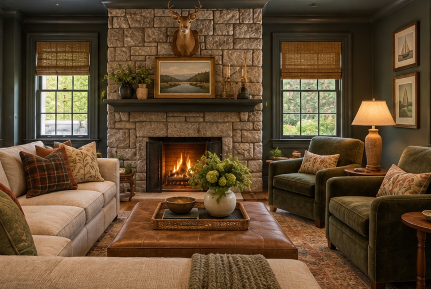 A fireside sitting room with a stone fireplace, mounted deer head, landscape painting, plaid pillows, and green velvet chairs